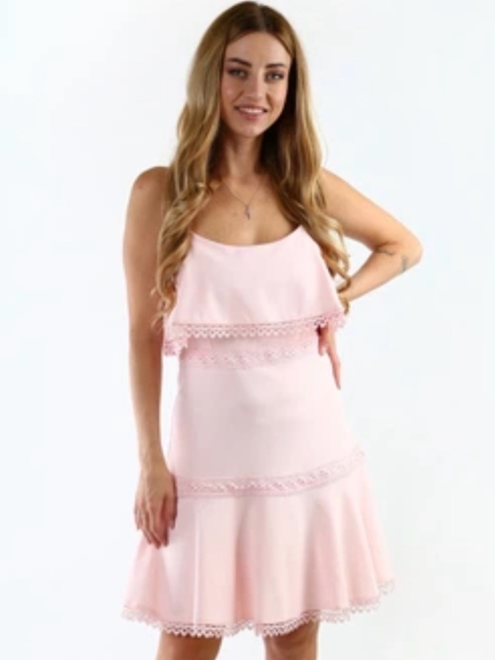Sleeveless Light Pink Lace-Trim Mini Dress